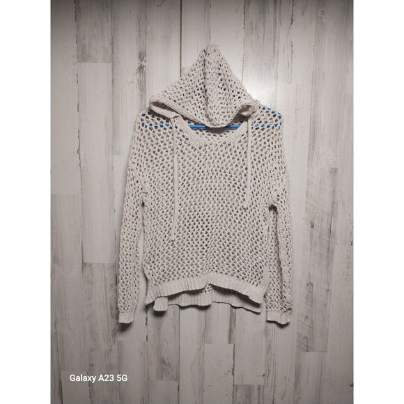 Artelier Nicole Miller Beige Open-Knit Hooded Sweater Boho Sz XS - Picture 1 of 8